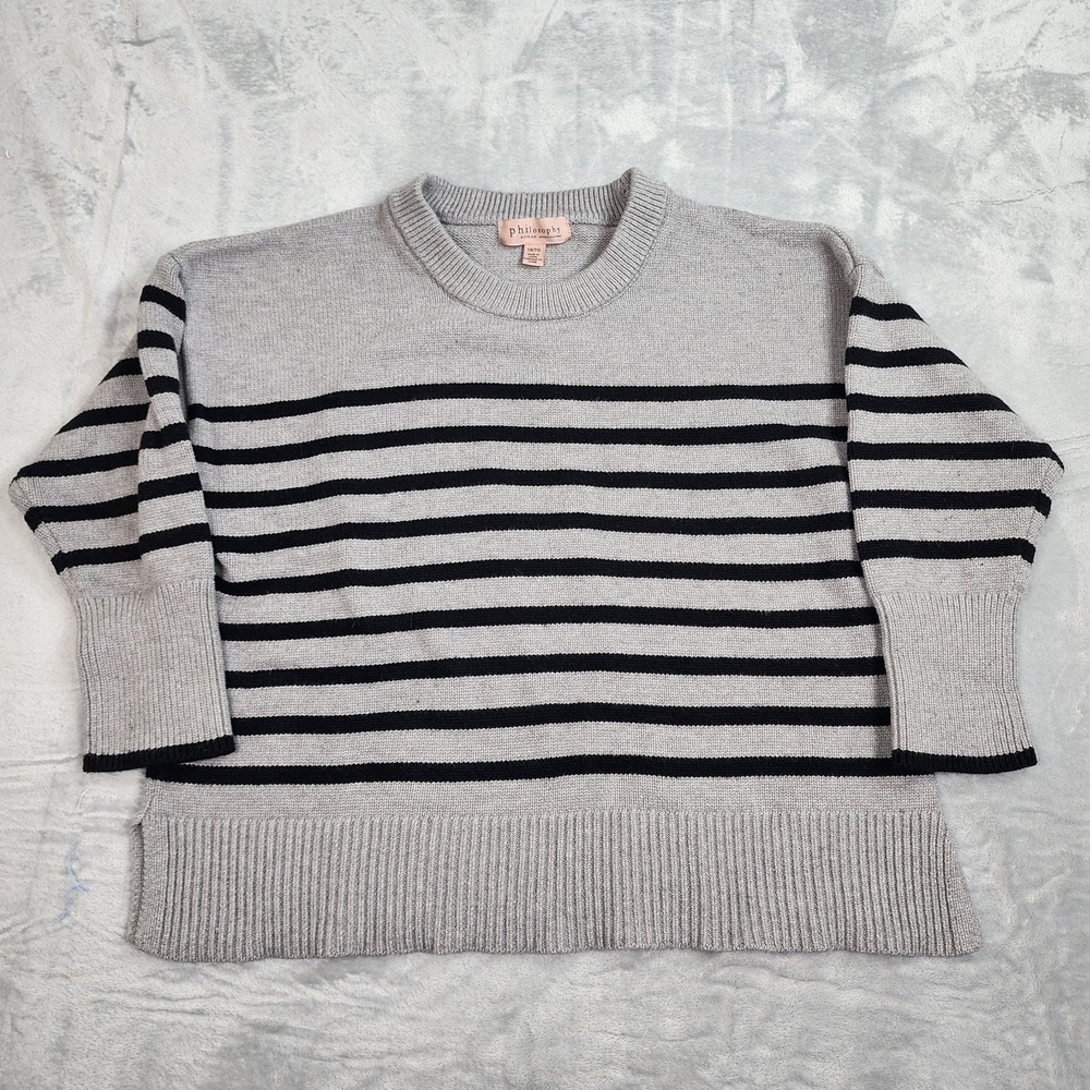 Philosophy‎ Woman Sweater Womens 1X Gray Black Stripe Crewneck Pullover Knit